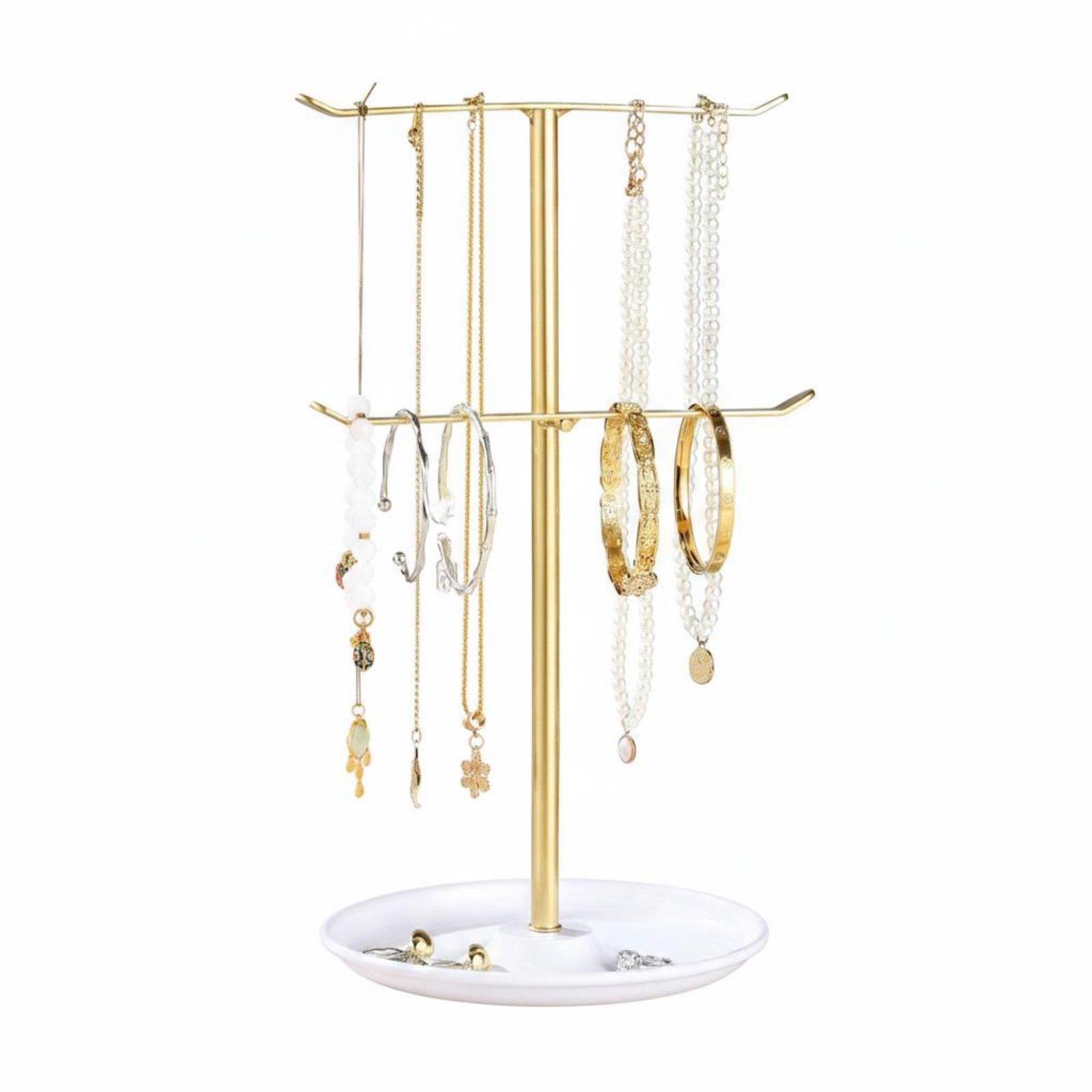 Fishing Rod Holder - ขาตั้งโชว์เครื่องประดับ ประหยัดพื้นที่ ที่เก็บเครื่องประดับเหล็กพร้อมราวแขวนคู่และถาดสำหรับจัดเก็บเครื่องประดับ
